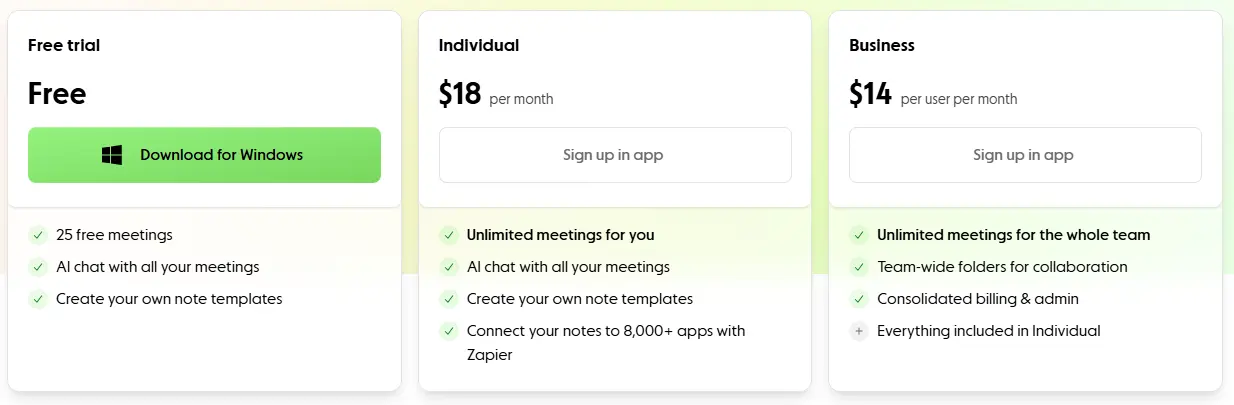 Granola pricing plans comparison showing free, premium, and business tiers