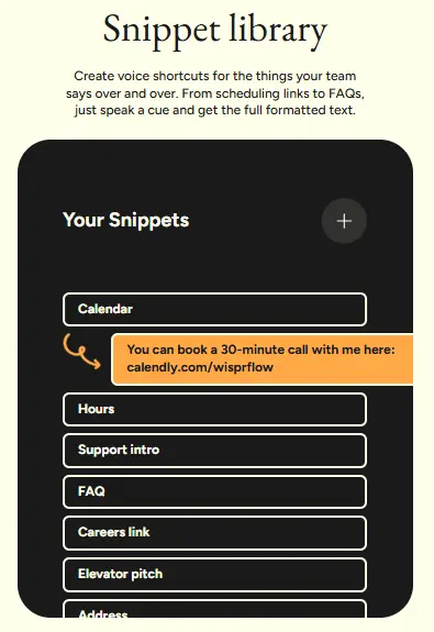 Wispr Flow Snippet Library Feature showing saved templates and shortcuts