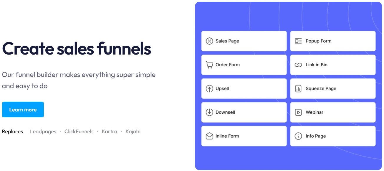 Create sales funnels interface showing funnel templates and drag-and-drop editor in Systeme.io