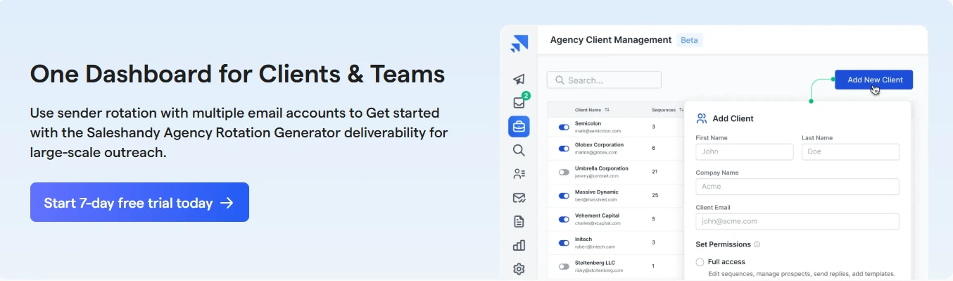 SalesHandy dashboard interface showing client management features and campaign overview