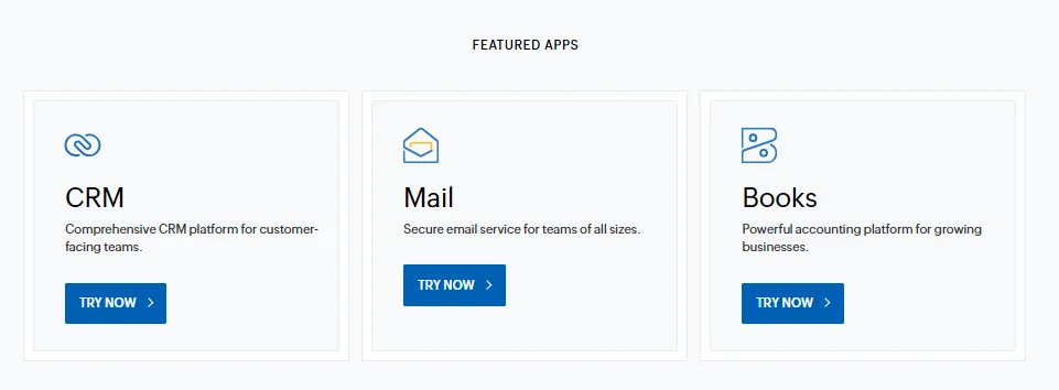 Zoho platform overview showing 45+ integrated business applications