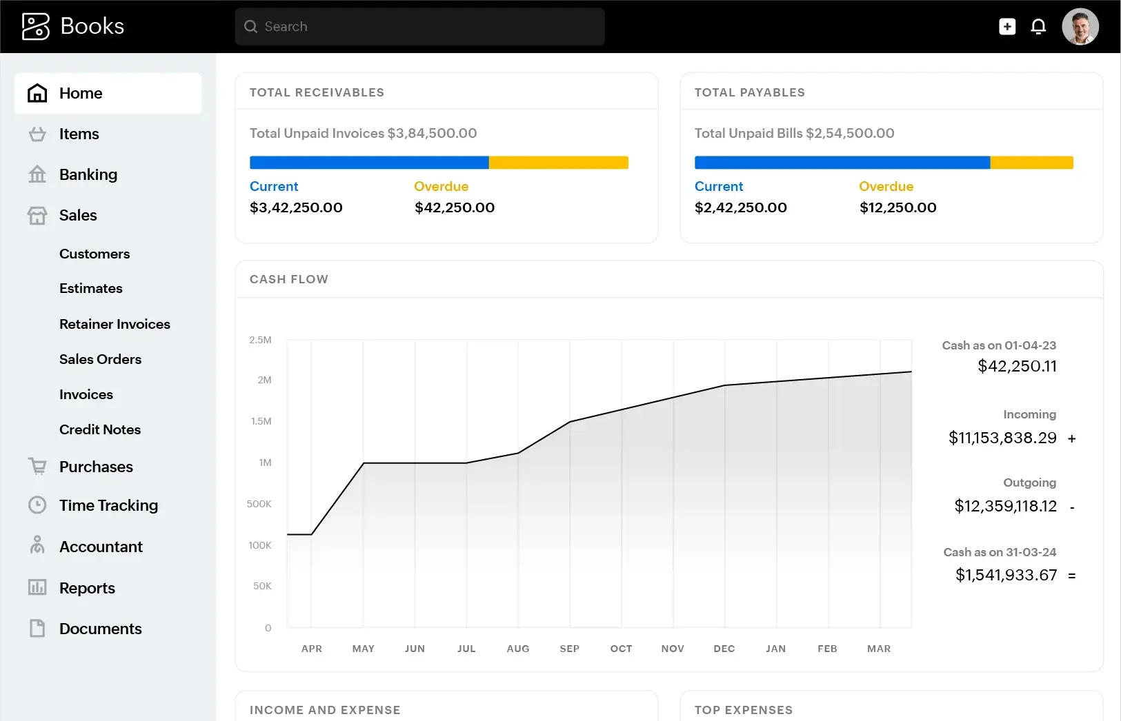 Zoho Books accounting software interface showing financial dashboard and reporting