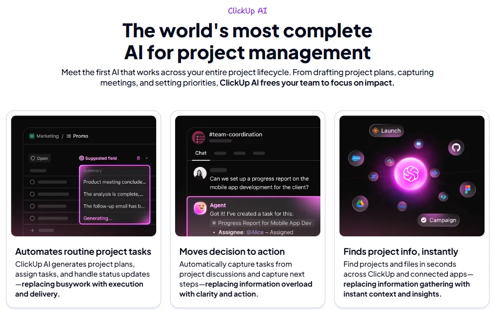 AI-powered project management comparison between ClickUp and Asana showing intelligent automation features