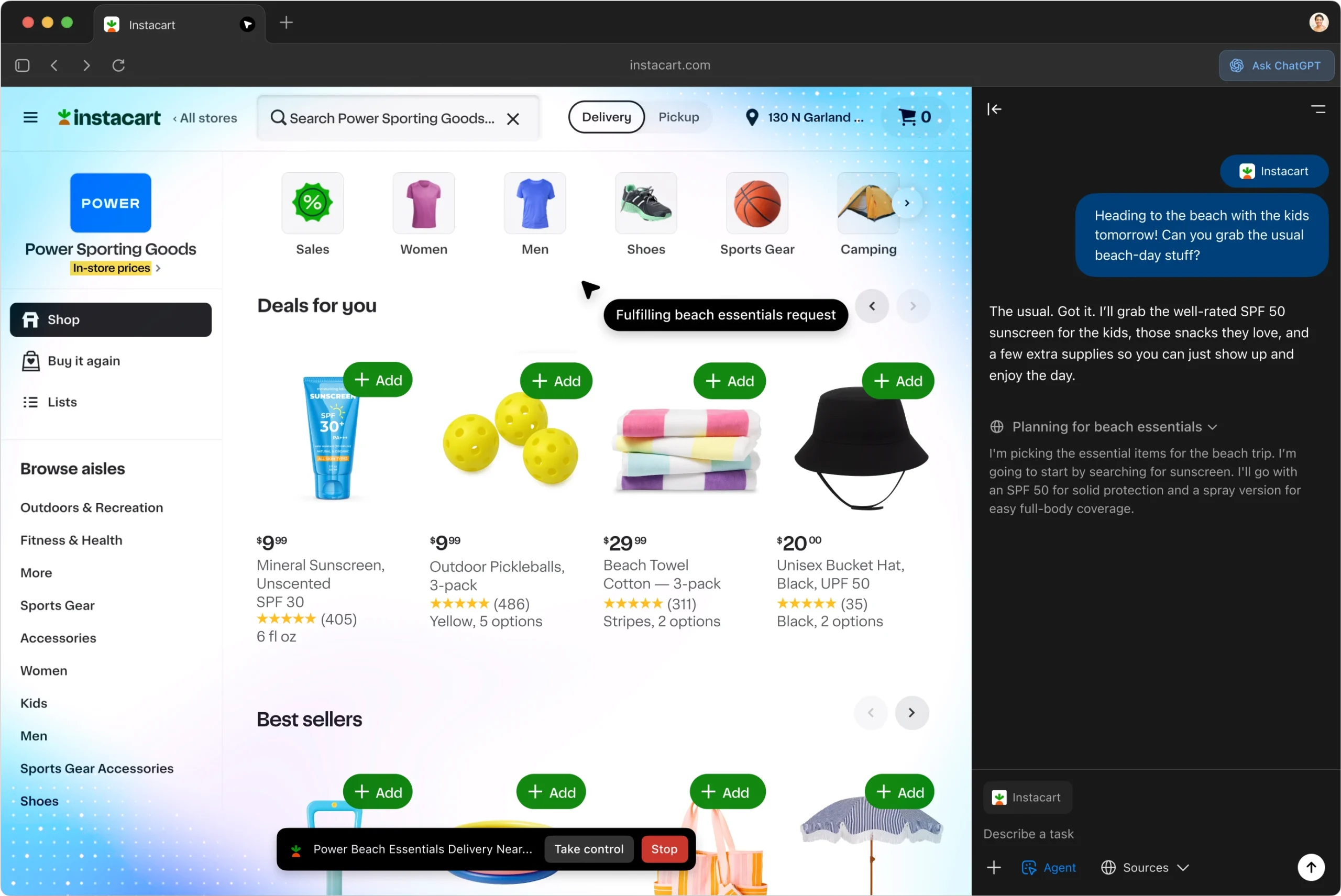 ChatGPT Atlas browser interface showing AI interaction with websites