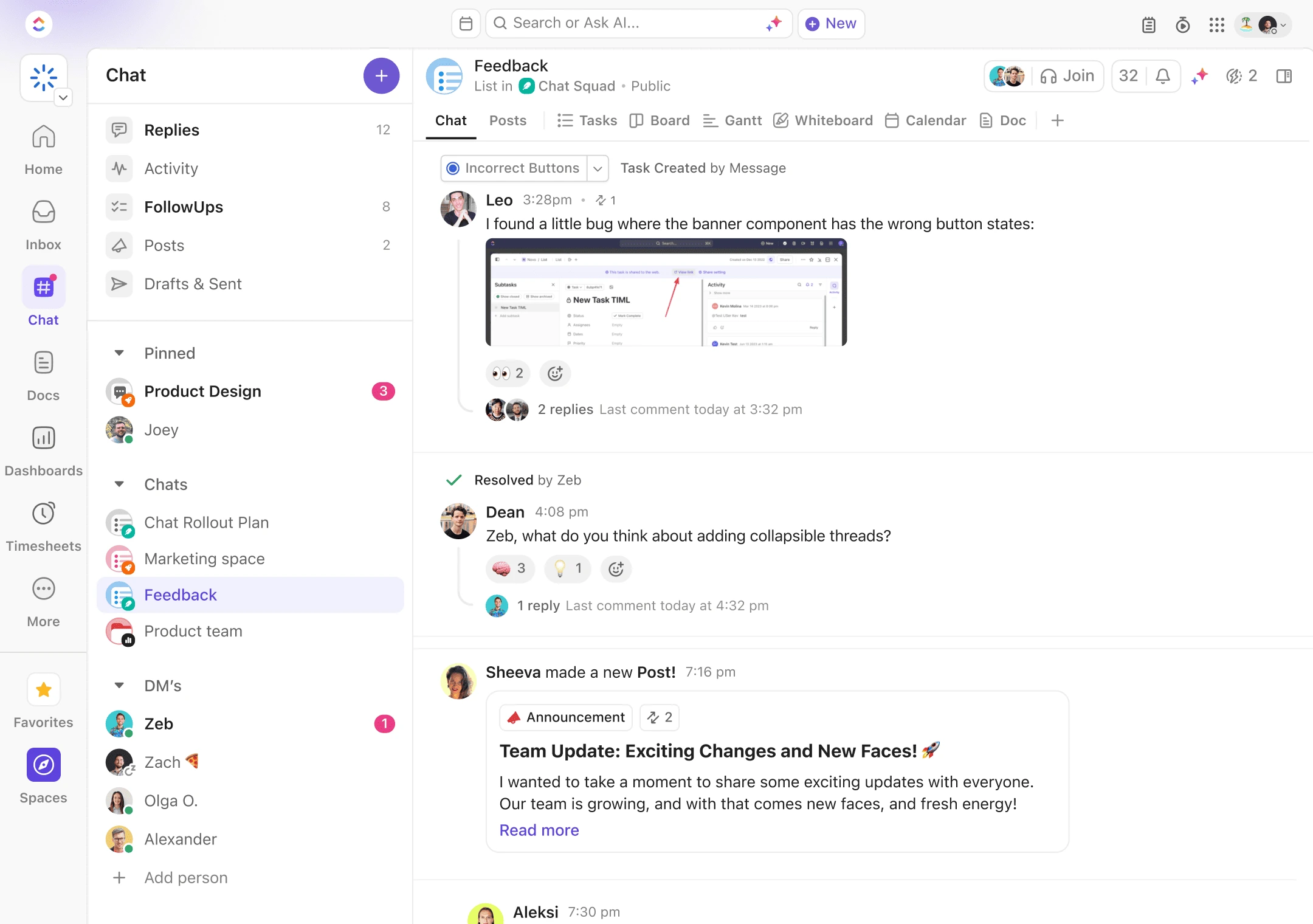 ClickUp Chat interface showing team collaboration and messaging features