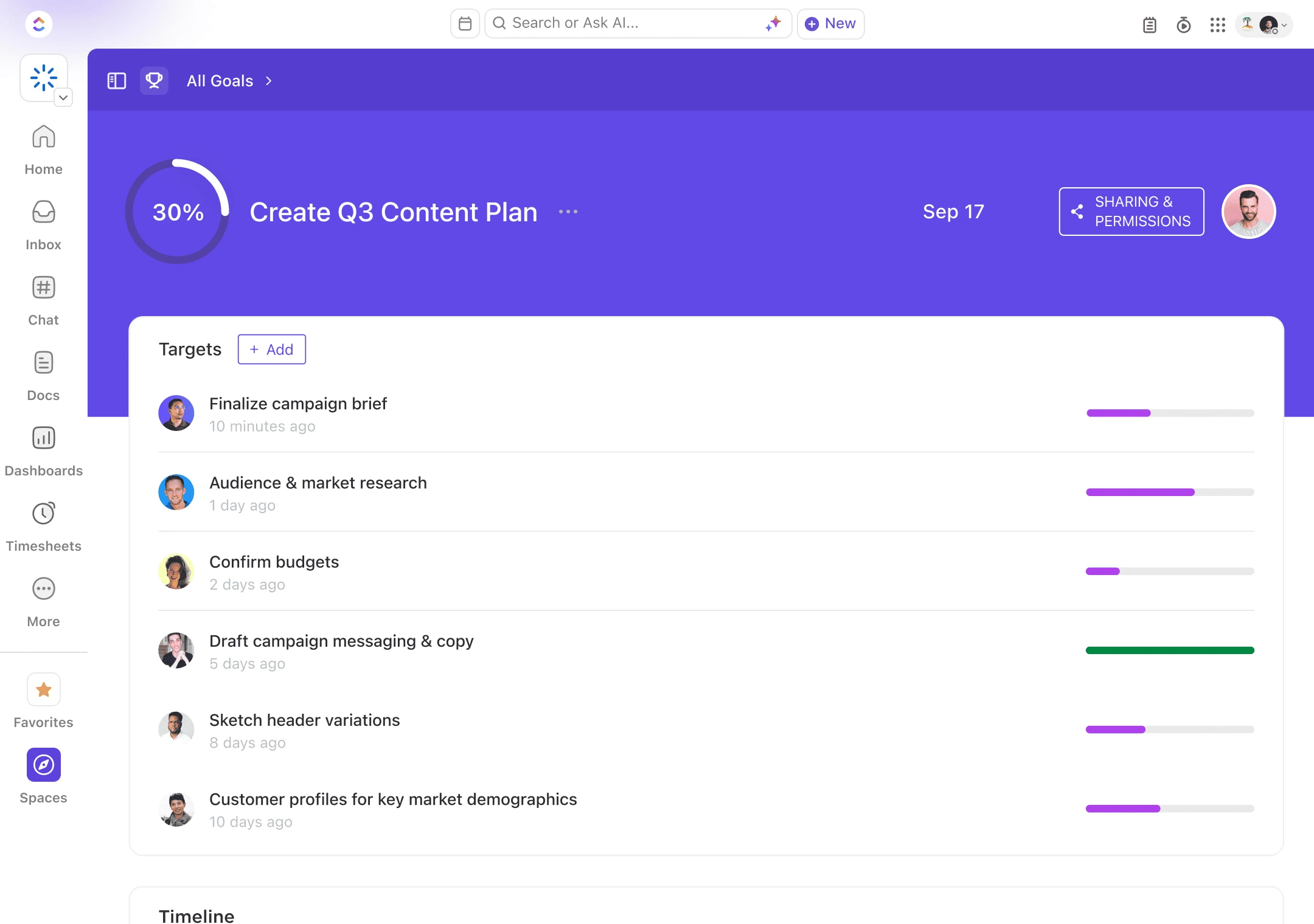 ClickUp Goals dashboard showing project tracking and team objectives interface