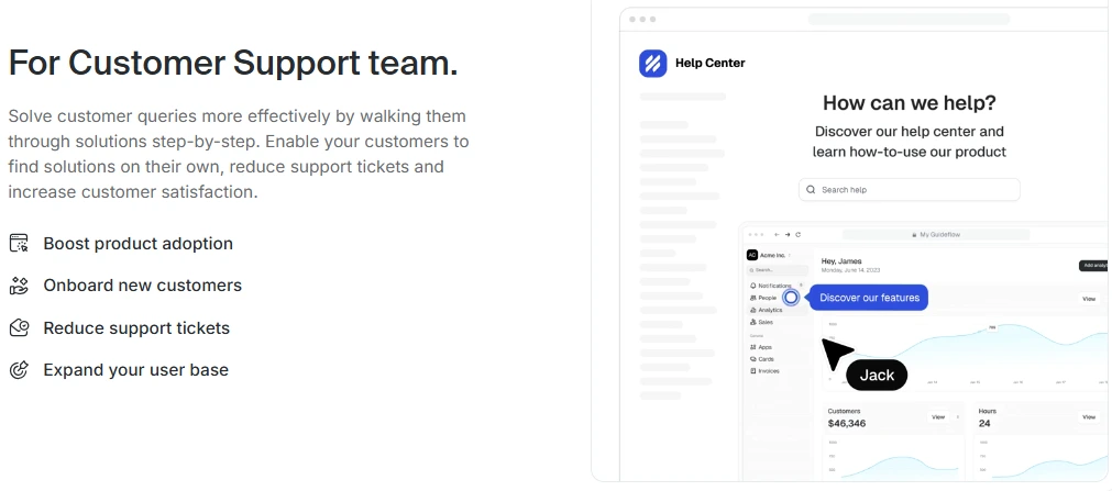 Guideflow customer support integration showing interactive help guides and ticket deflection tools