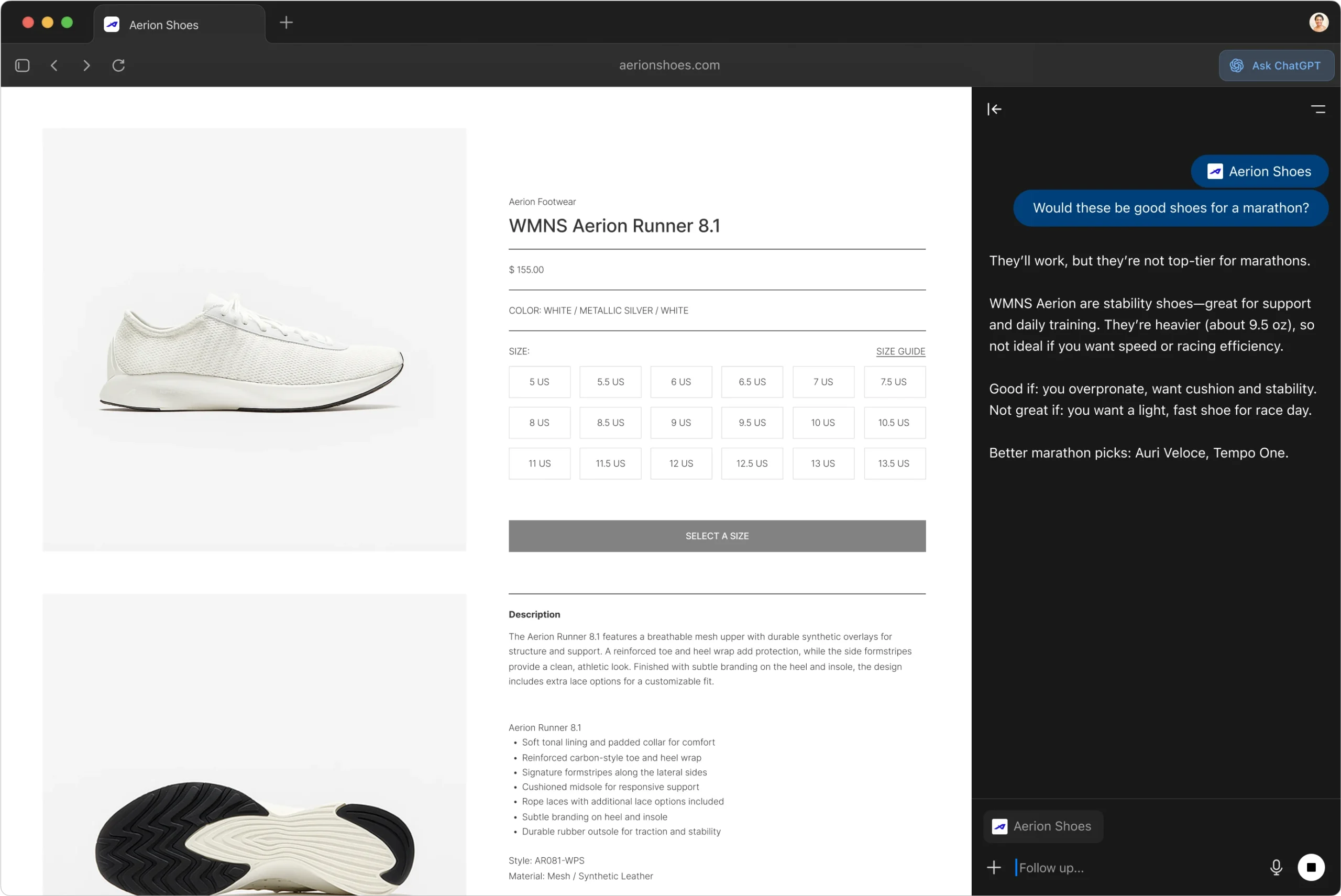 ChatGPT Atlas sidebar interface showing AI assistant panel