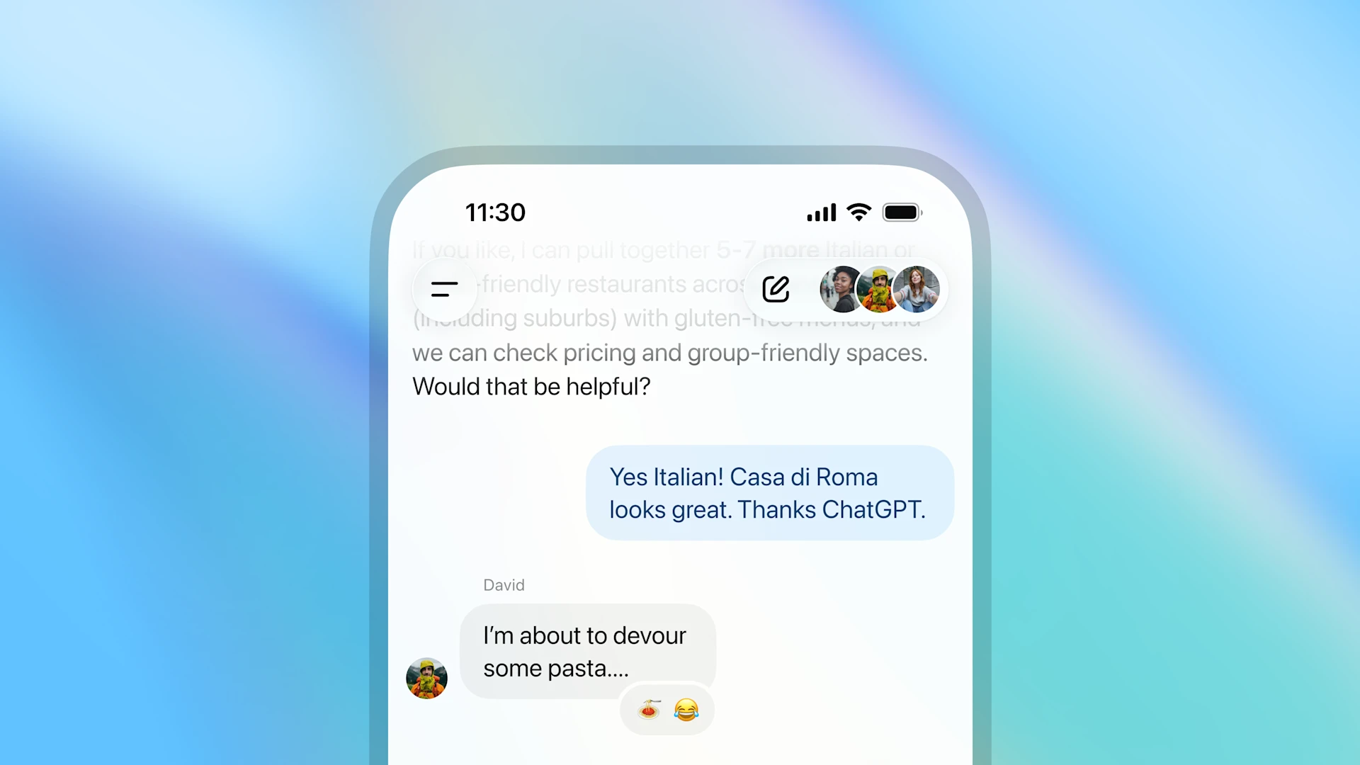 ChatGPT group chat interface showing multiple participants collaborating in real-time