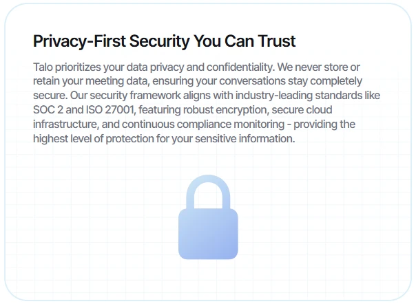 Talo AI security compliance badges - SOC 2 and ISO 27001