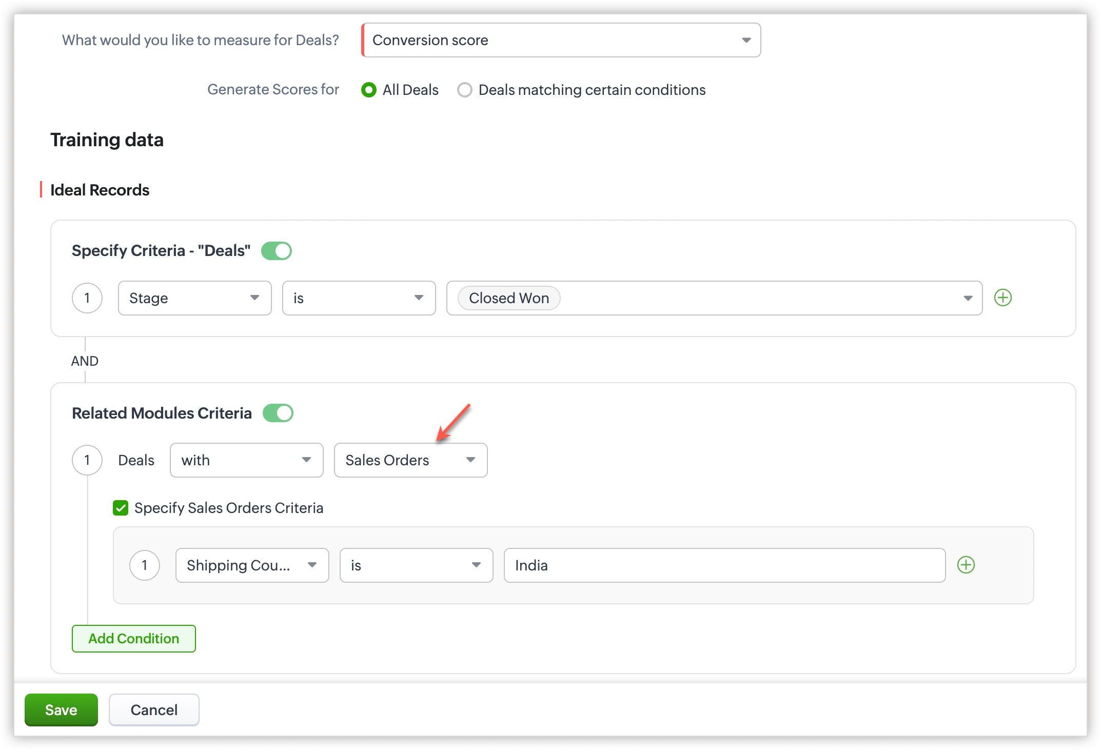 Zoho CRM AI-powered conversion scoring dashboard showing lead quality metrics