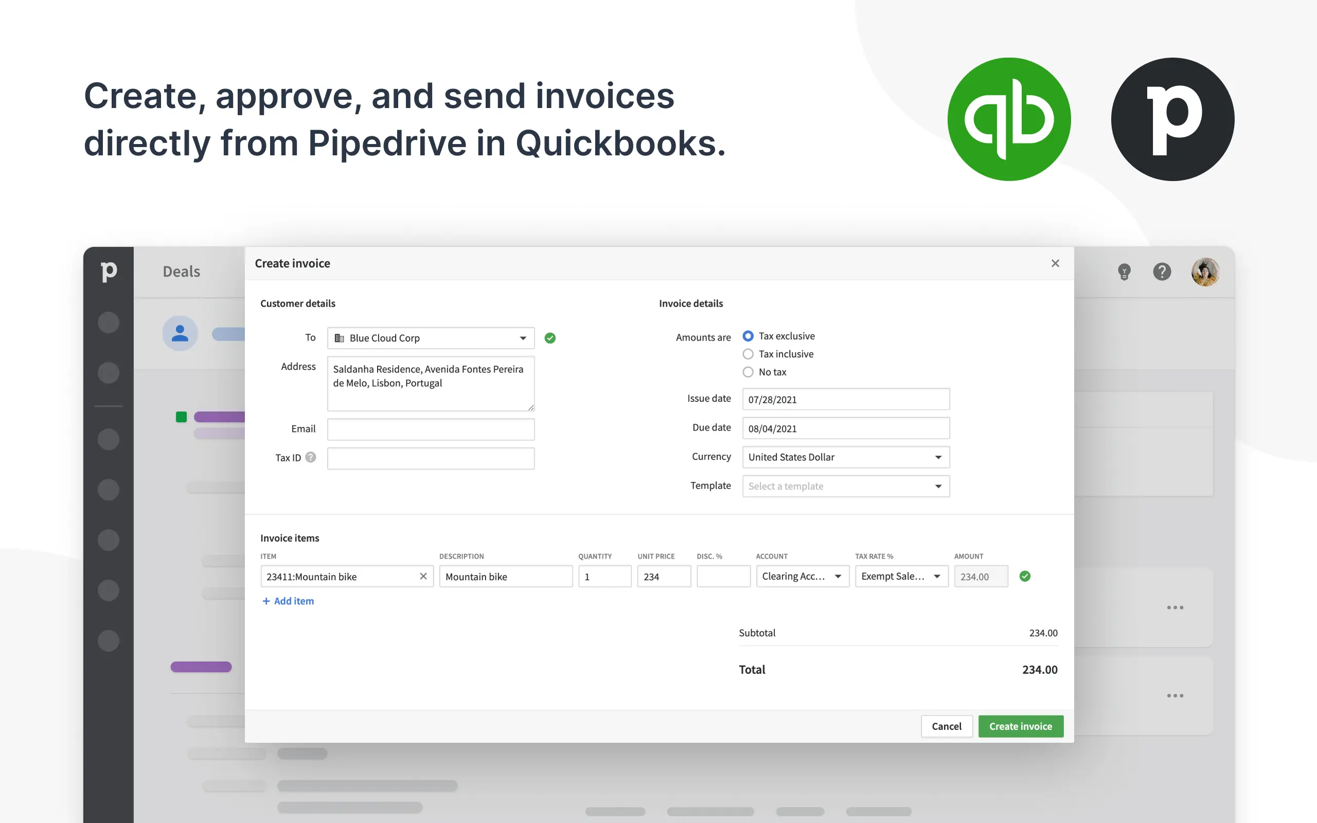 Create approve and send invoices directly from Pipedrive