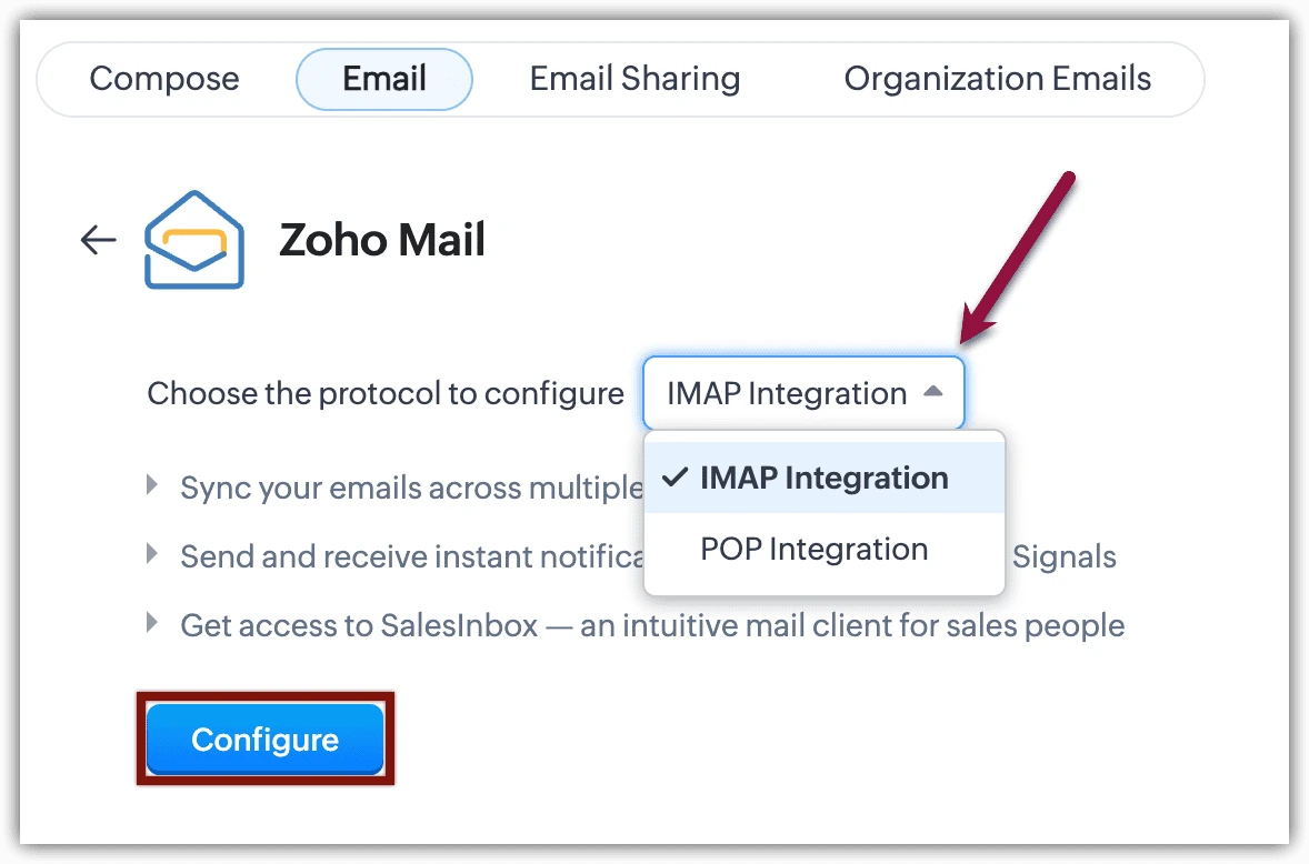 Zoho CRM email integration dashboard showing Gmail and Outlook sync
