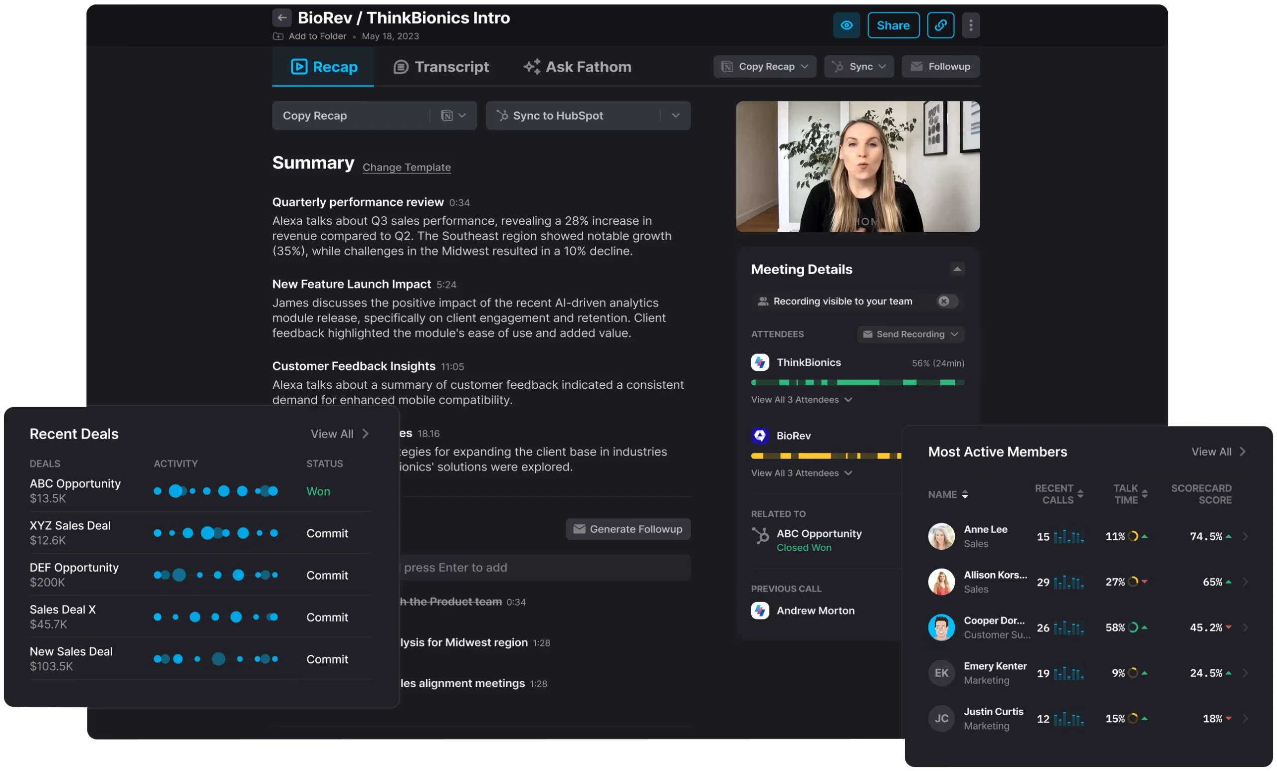 Fathom AI user interface showing meeting dashboard and controls