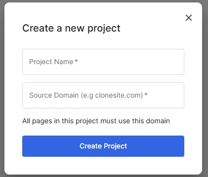 ClonewebX project creation interface