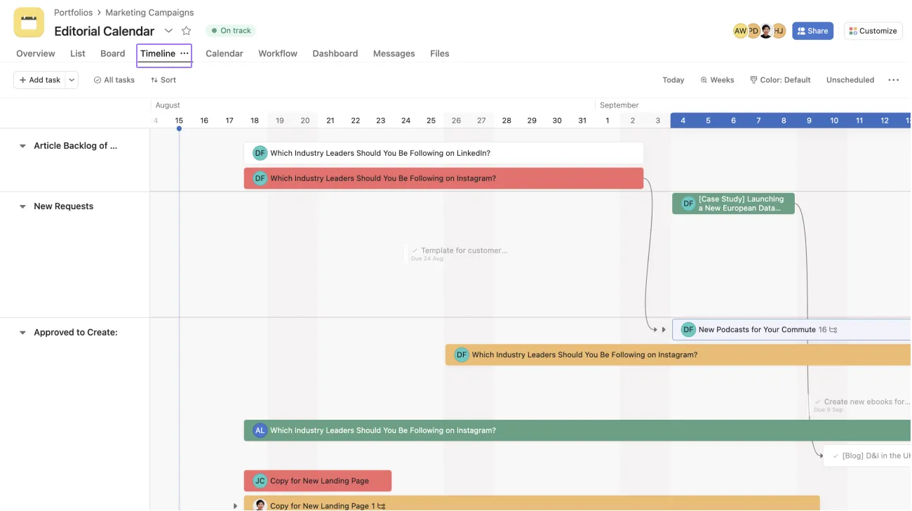 Asana timeline view showing marketing campaign phases and dependencies