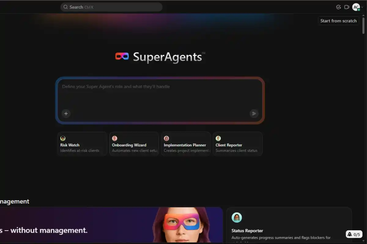 ClickUp Brain AI assistant demonstrating contextual workspace intelligence