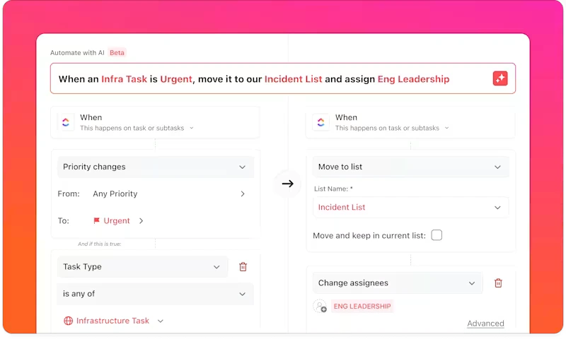 ClickUp automation builder interface showing complexity with multiple triggers, conditions, and actions