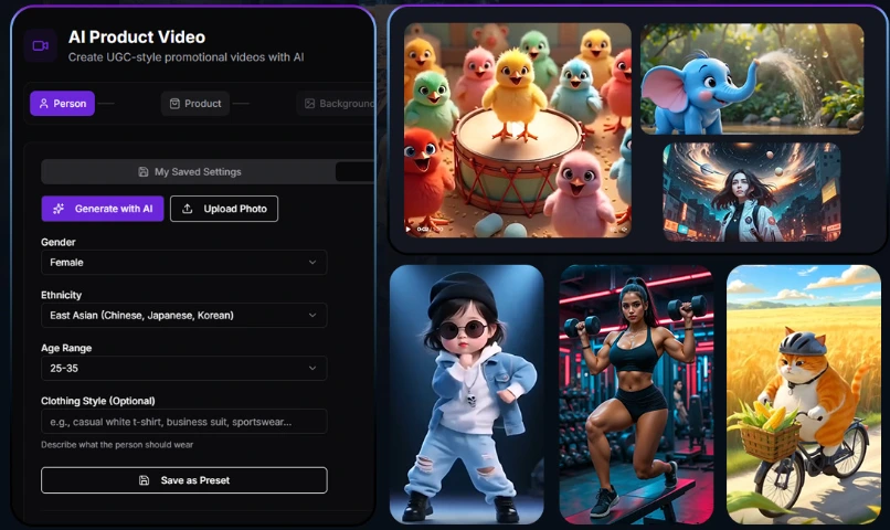 XsoraAI video creation interface showing AI-generated content