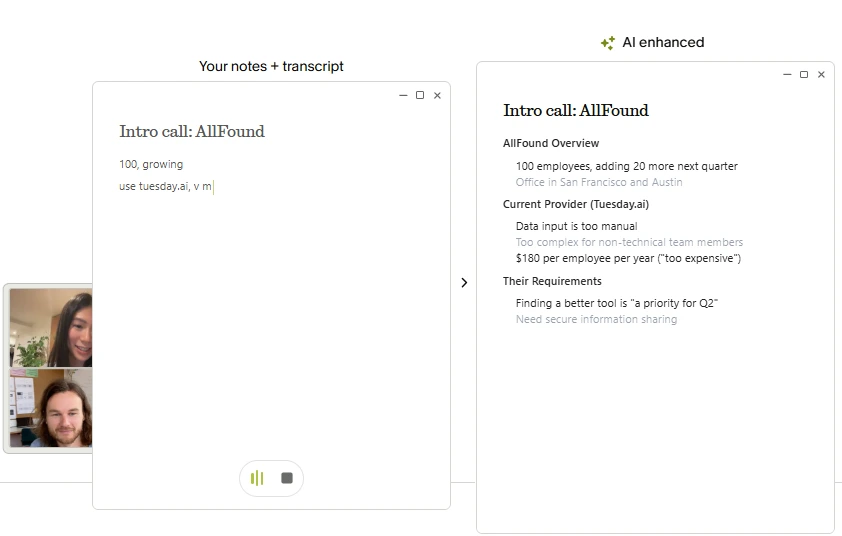 Granola AI note enhancement showing before and after AI processing