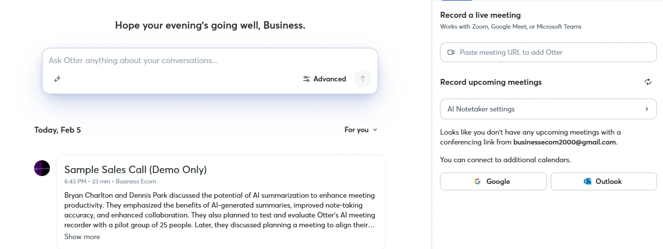 Otter AI dashboard showing real-time transcription and collaboration features