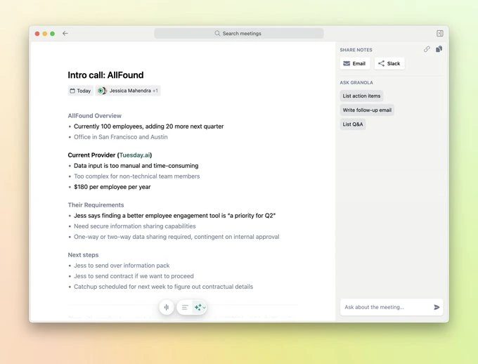 Granola AI interface showing structured note templates and AI enhancement features