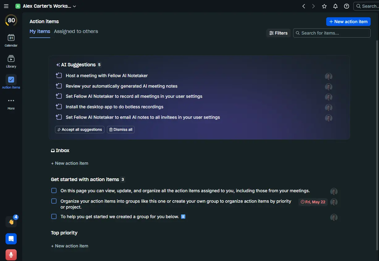 Fellow action items view showing AI suggestions and grouped tasks