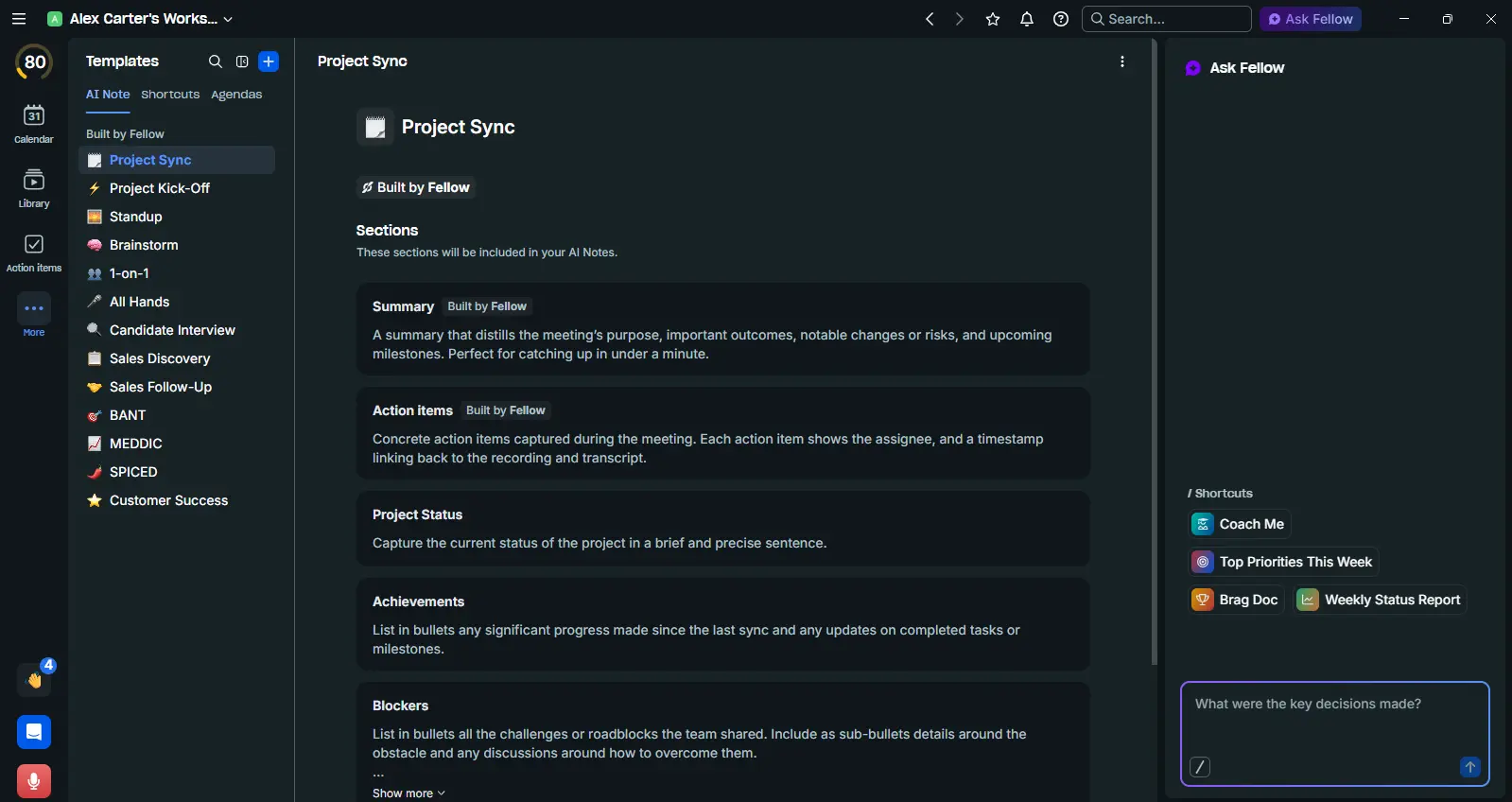 Fellow templates library showing Project Sync template sections