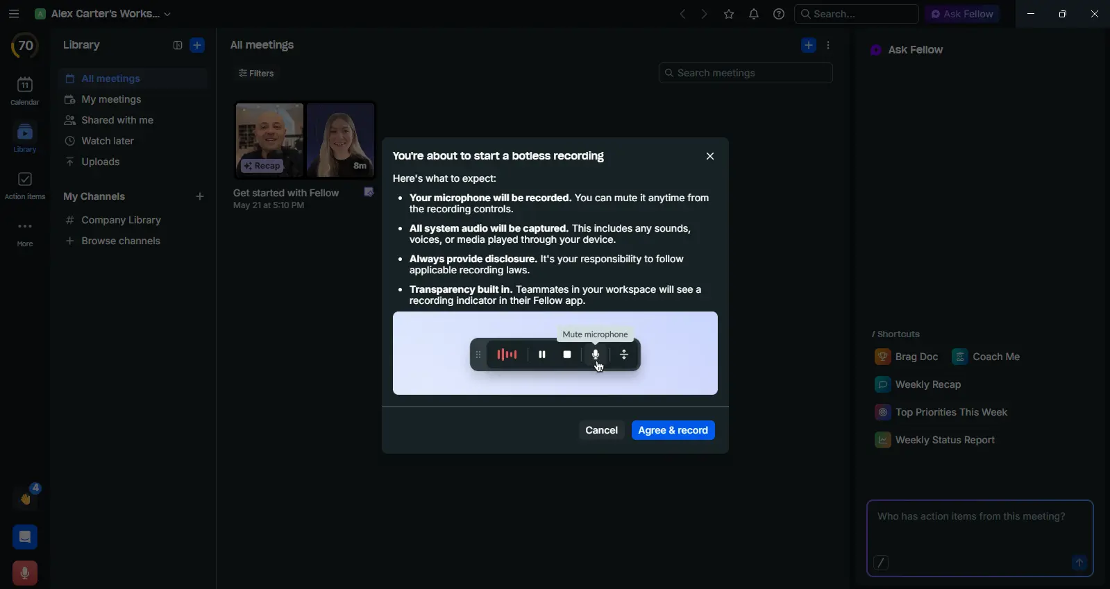 Fellow botless recording confirmation modal showing disclosure requirements — Alex Carter workspace June 2026