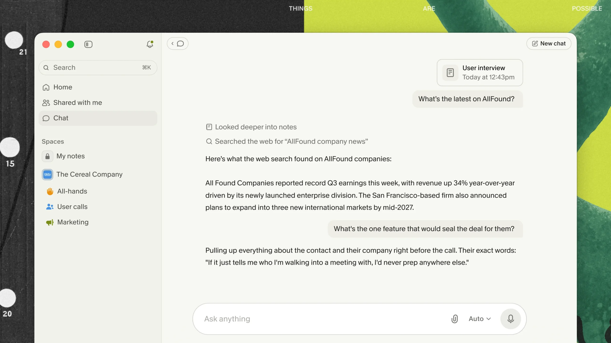 Granola's agentic Chat feature searching notes and the live web