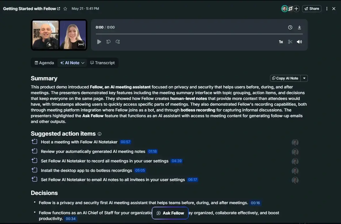 AI-generated meeting notes with summary, action items, and decisions