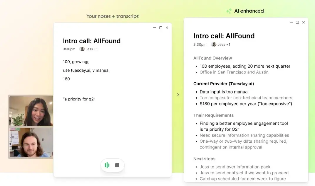 Granola AI notepad interface in use during a meeting